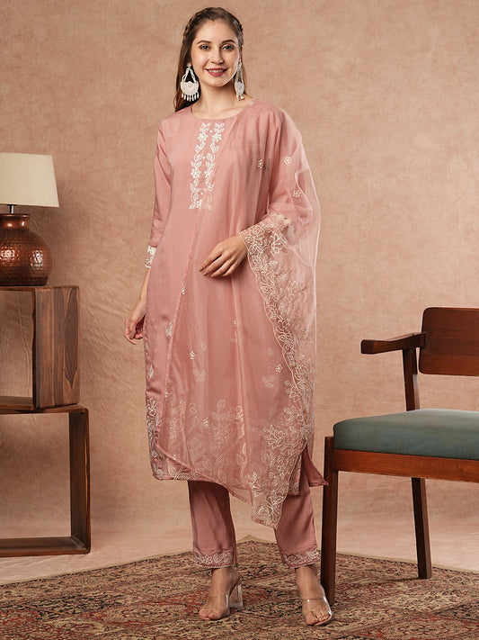 Solid Resham, Pearl & Sequins Embroidered kurta with Pants & Dupatta - Rose Pink