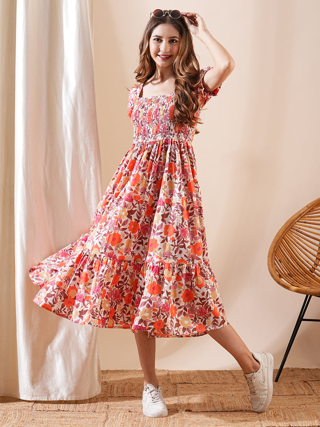 Floral Printed Smocked A Line Pleated Midi Dress Orange