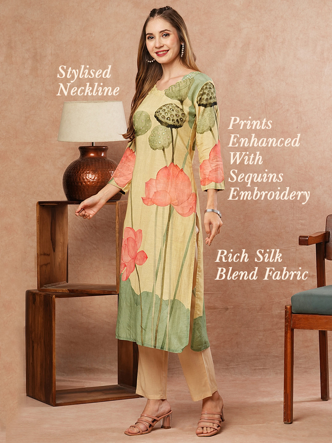 Floral Printed Sequins Embellished Kurta - Pastel Yellow