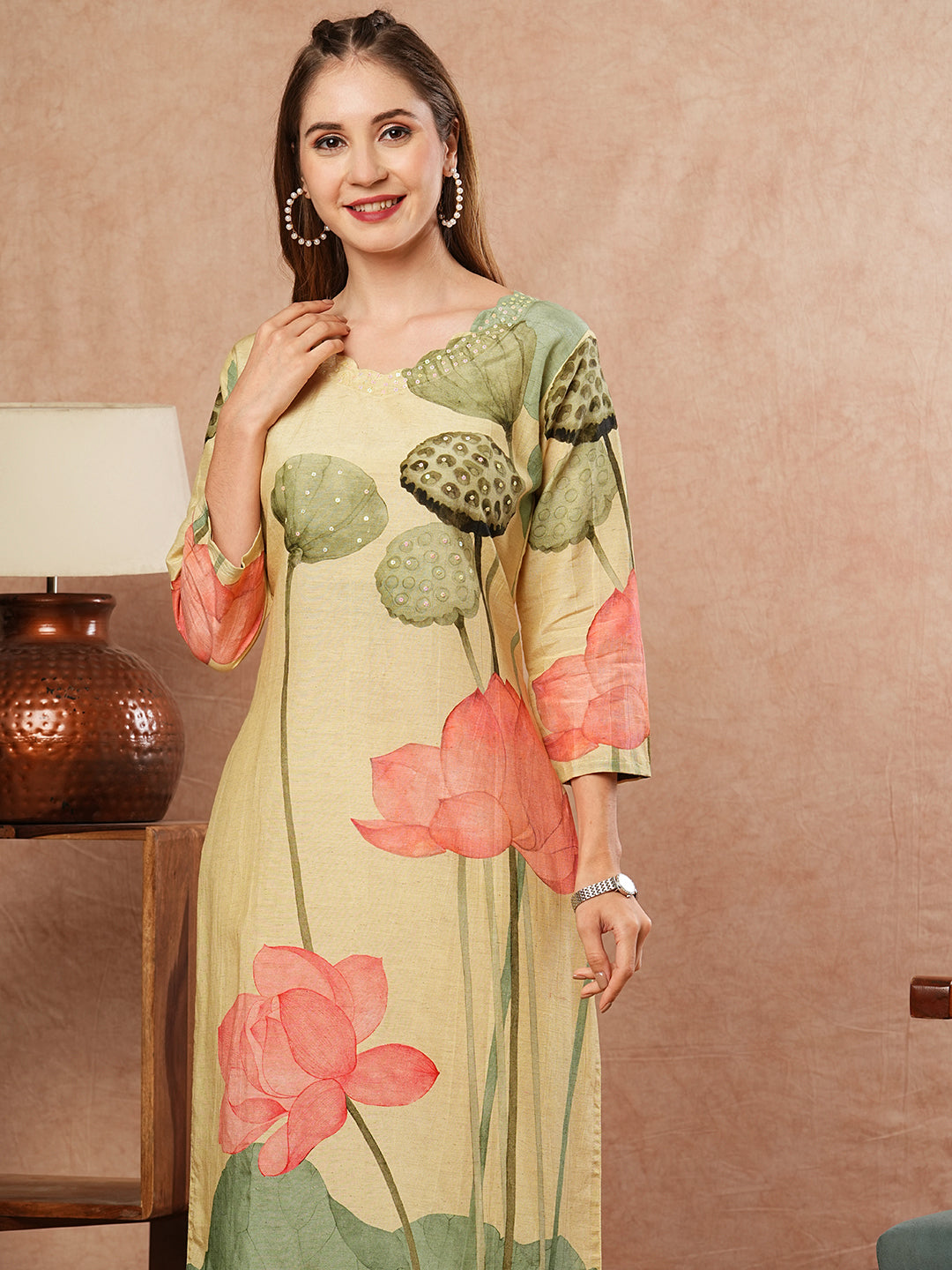 Floral Printed Sequins Embellished Kurta - Pastel Yellow