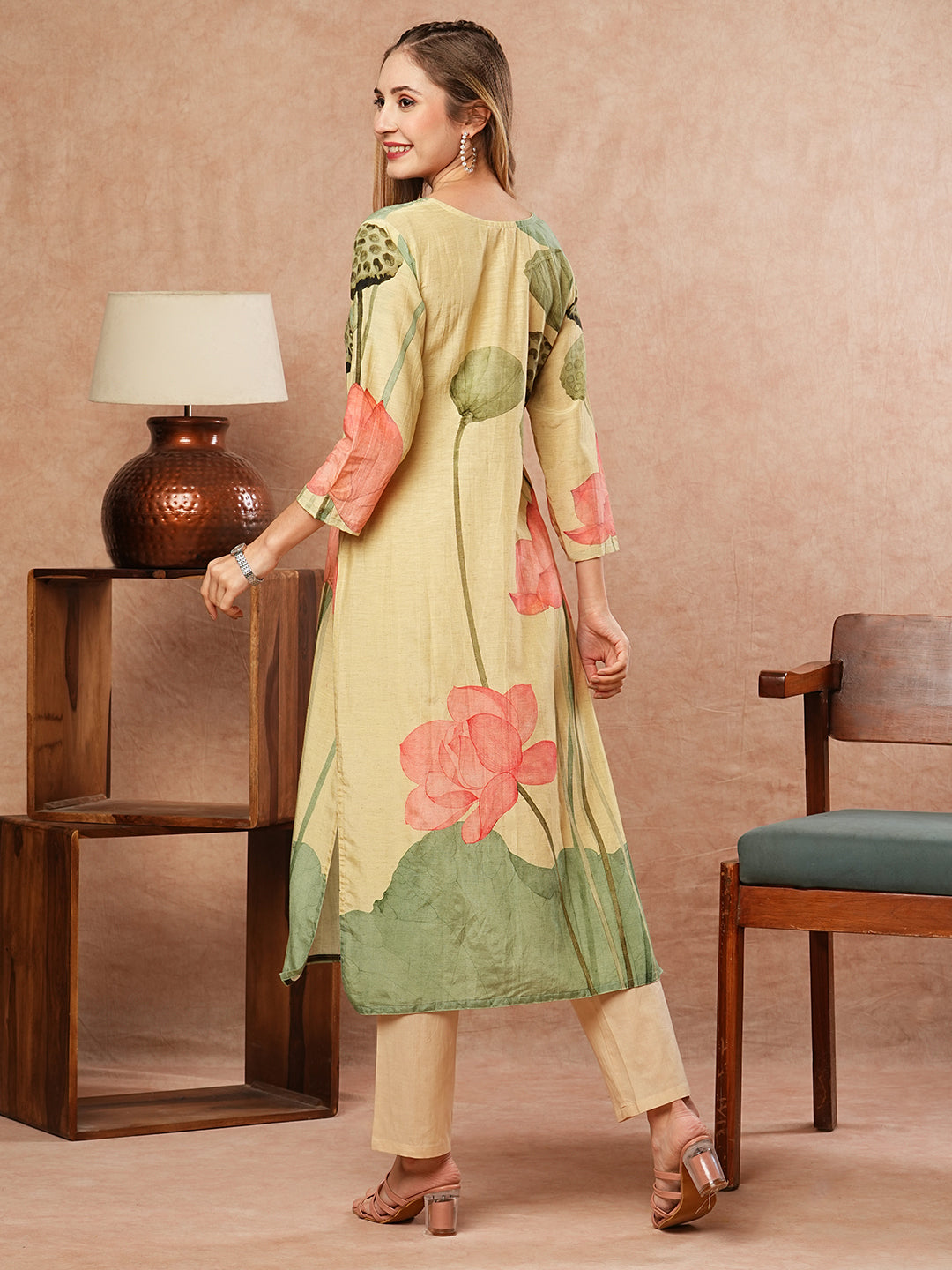 Floral Printed Sequins Embellished Kurta - Pastel Yellow