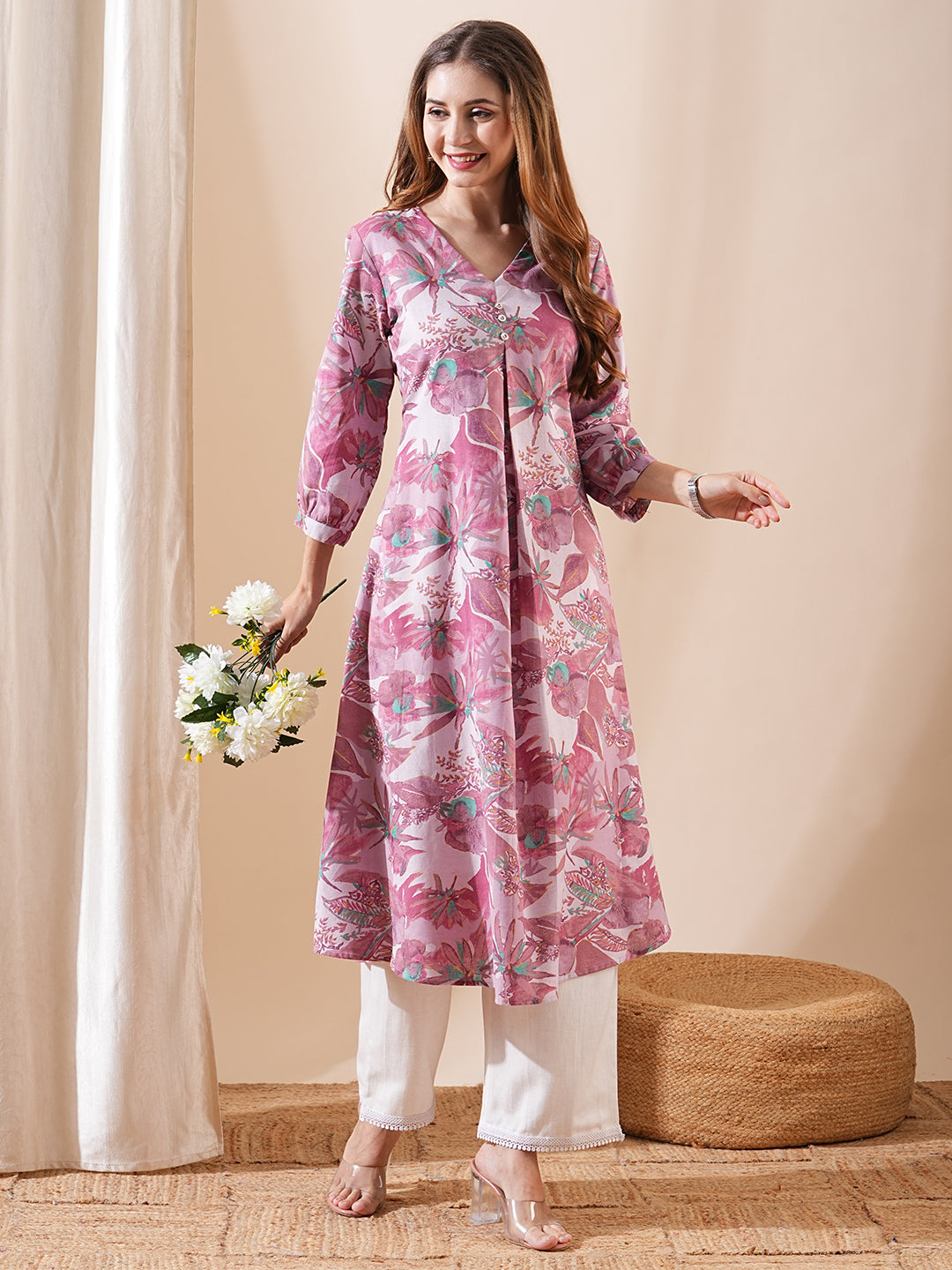 Tropical Abstract Printed A-Line Flared Kurta - Mauve