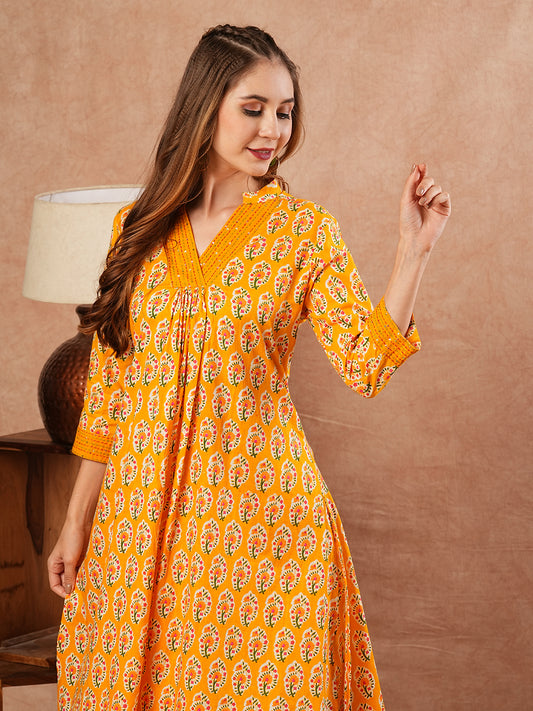 Ethnic Block Printed & Kantha Work A-Line Pleated Kurta with Pant - Yellow