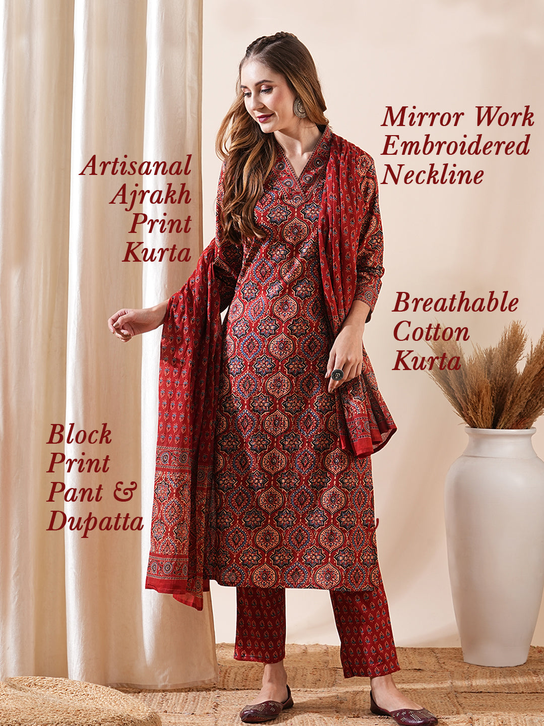 Ethnic Ajrakh Printed Mirror Embroidered Kurta with Pants & Block Print Dupatta - Rust