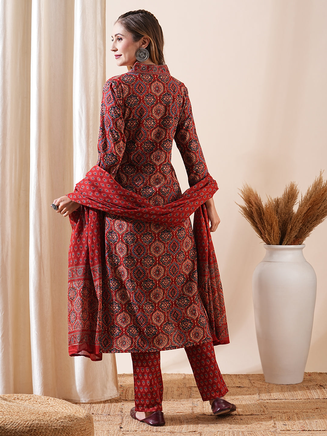 Ethnic Ajrakh Printed Mirror Embroidered Kurta with Pants & Block Print Dupatta - Rust