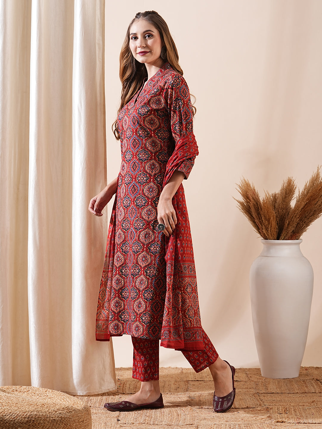 Ethnic Ajrakh Printed Mirror Embroidered Kurta with Pants & Block Print Dupatta - Rust