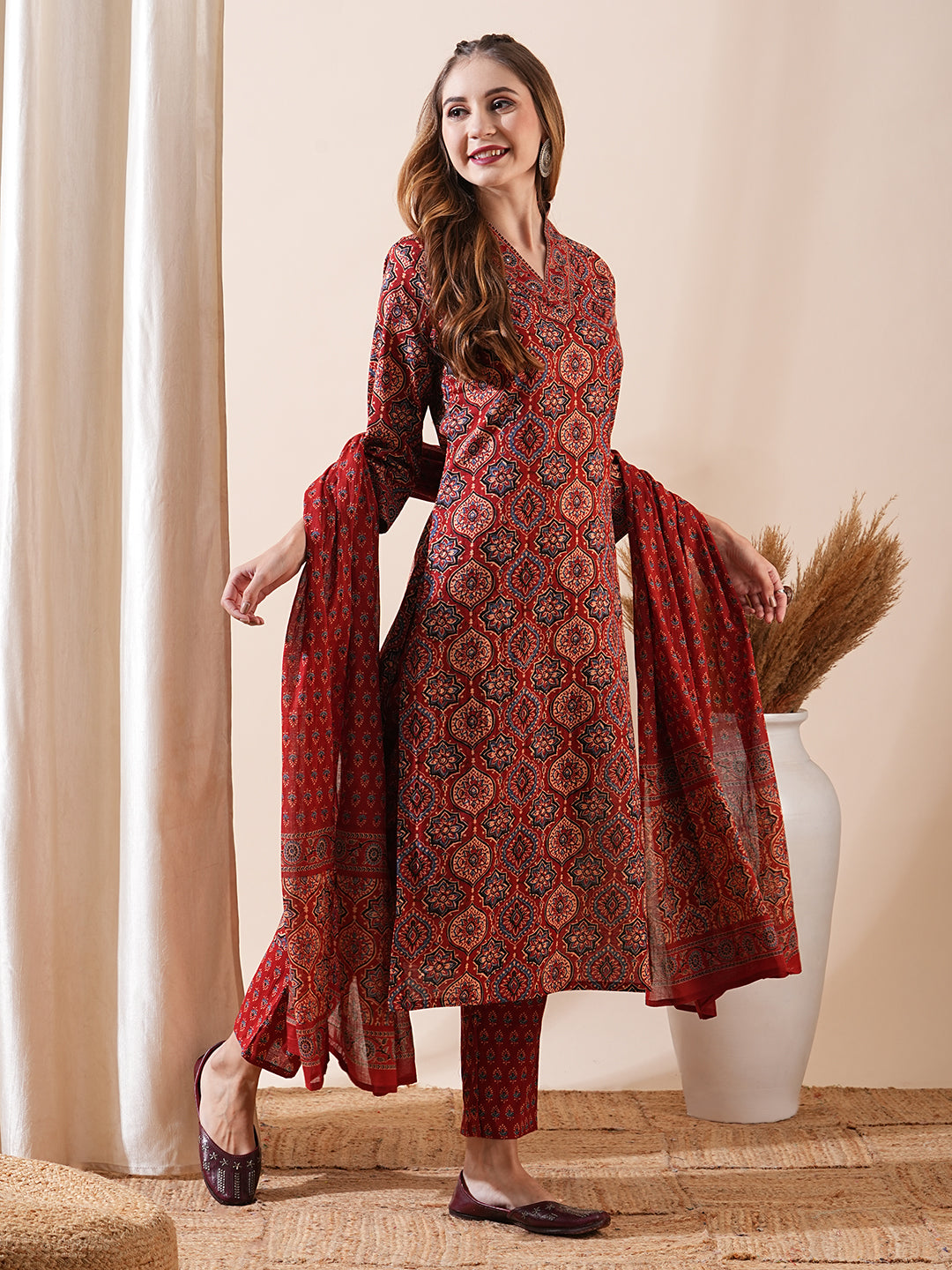 Ethnic Ajrakh Printed Mirror Embroidered Kurta with Pants & Block Print Dupatta - Rust