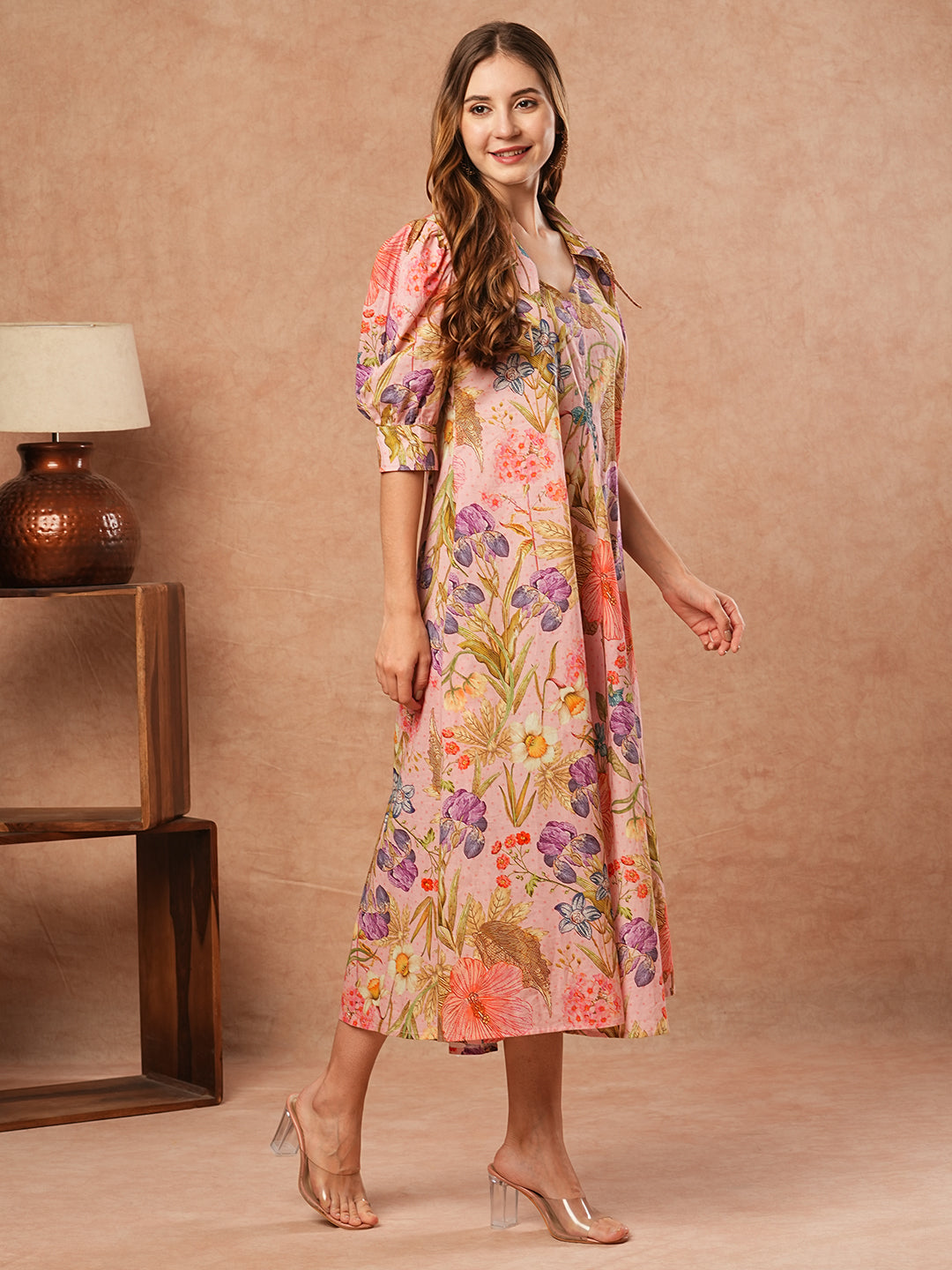 Abstract Floral Printed A-Line Paneled Midi Dress - Pink