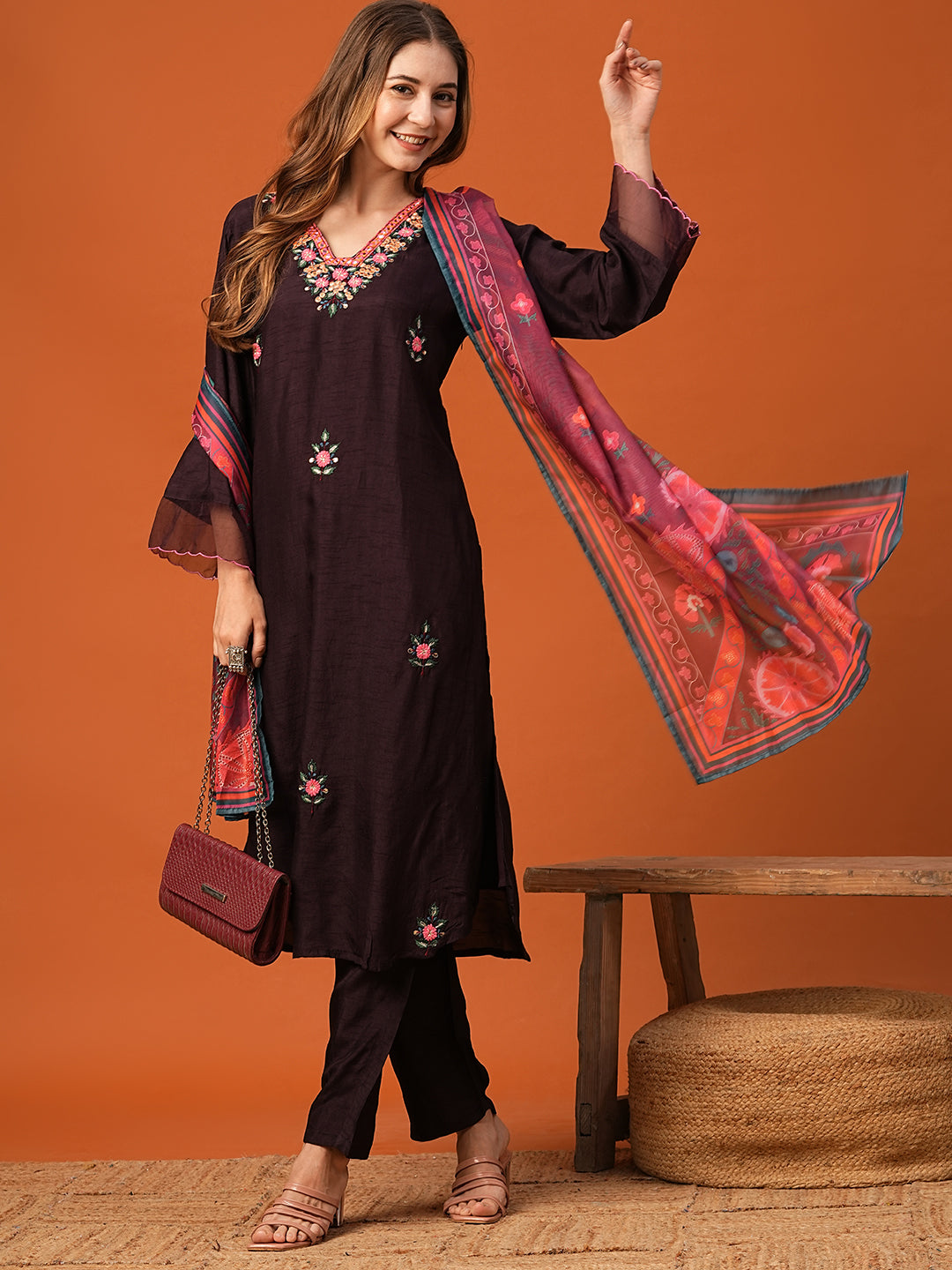 Solid Mirror & Resham Embroidered kurta with Pants & Dupatta - Dark Mauve