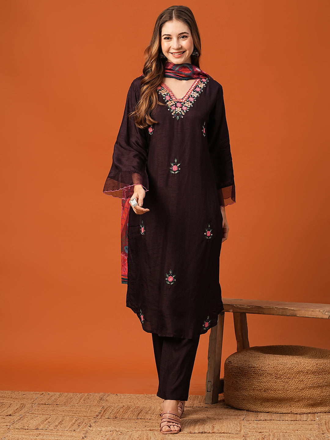 Solid Mirror & Resham Embroidered kurta with Pants & Dupatta - Dark Mauve