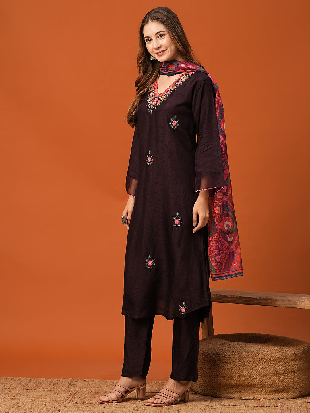 Solid Mirror & Resham Embroidered kurta with Pants & Dupatta - Dark Mauve