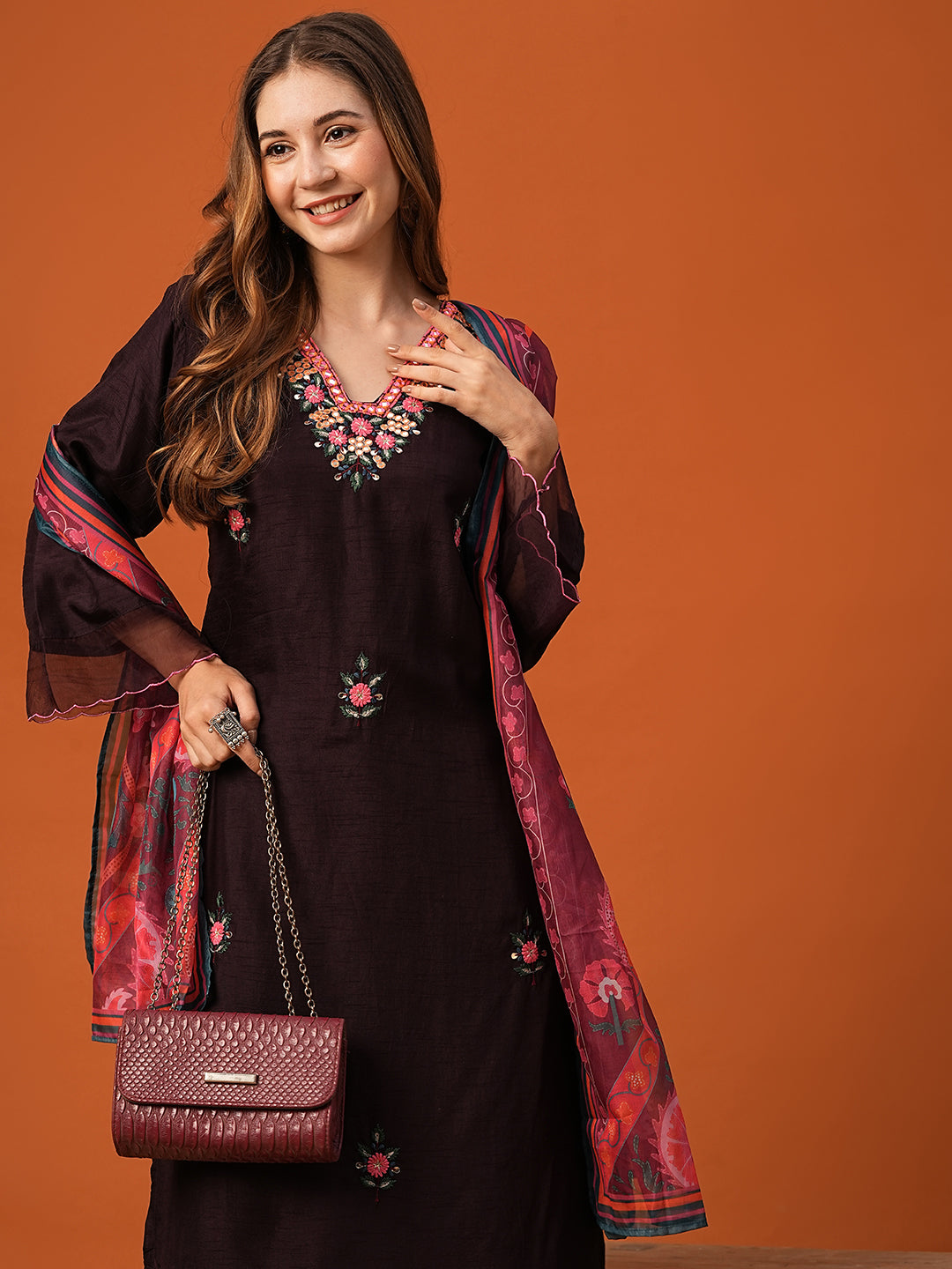 Solid Mirror & Resham Embroidered kurta with Pants & Dupatta - Dark Mauve