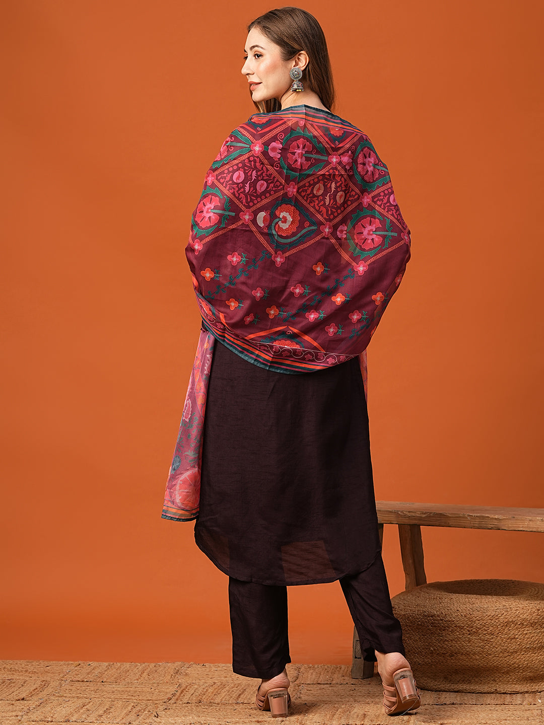 Solid Mirror & Resham Embroidered kurta with Pants & Dupatta - Dark Mauve