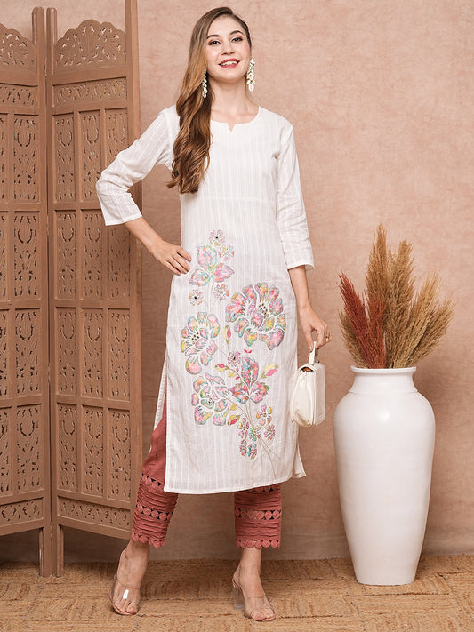 Floral Applique Embroidered Woven Striped Straight Fit Kurta - White