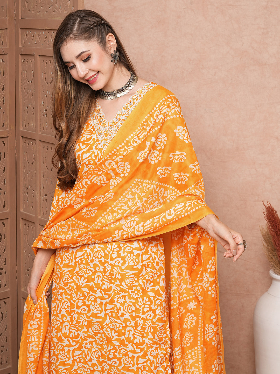 Abstract Printed Mirror & Sequins Embroidered Kurta with Pants & Dupatta - Mustard