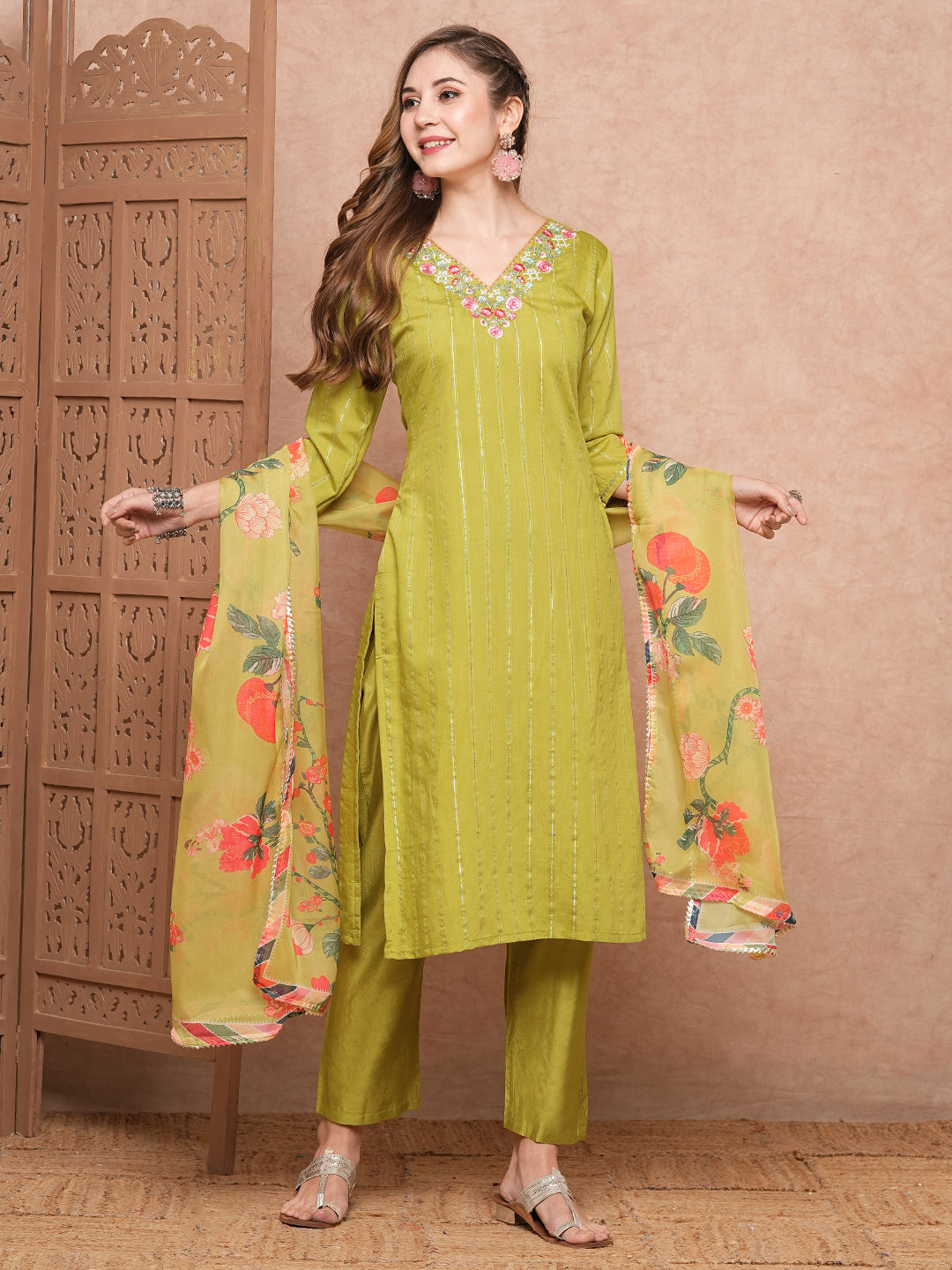 Woven Striped Resham Embroidered Kurta with Pants & Floral Dupatta - Lime Yellow