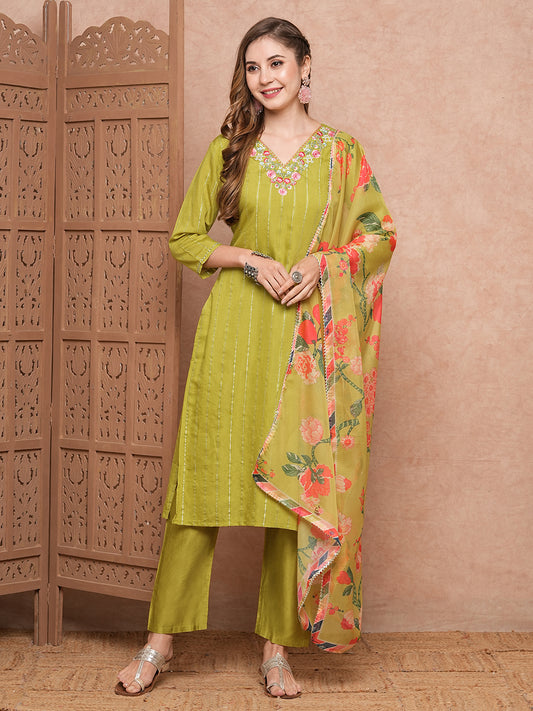 Woven Striped Resham Embroidered Kurta with Pants & Floral Dupatta - Lime Yellow