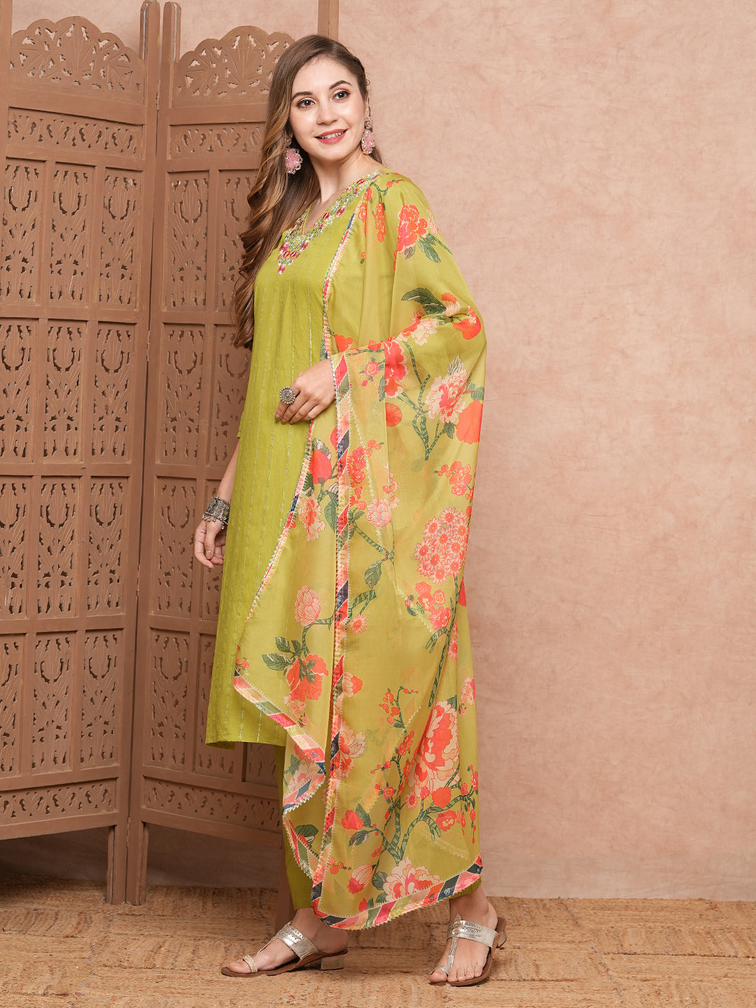Woven Striped Resham Embroidered Kurta with Pants & Floral Dupatta - Lime Yellow