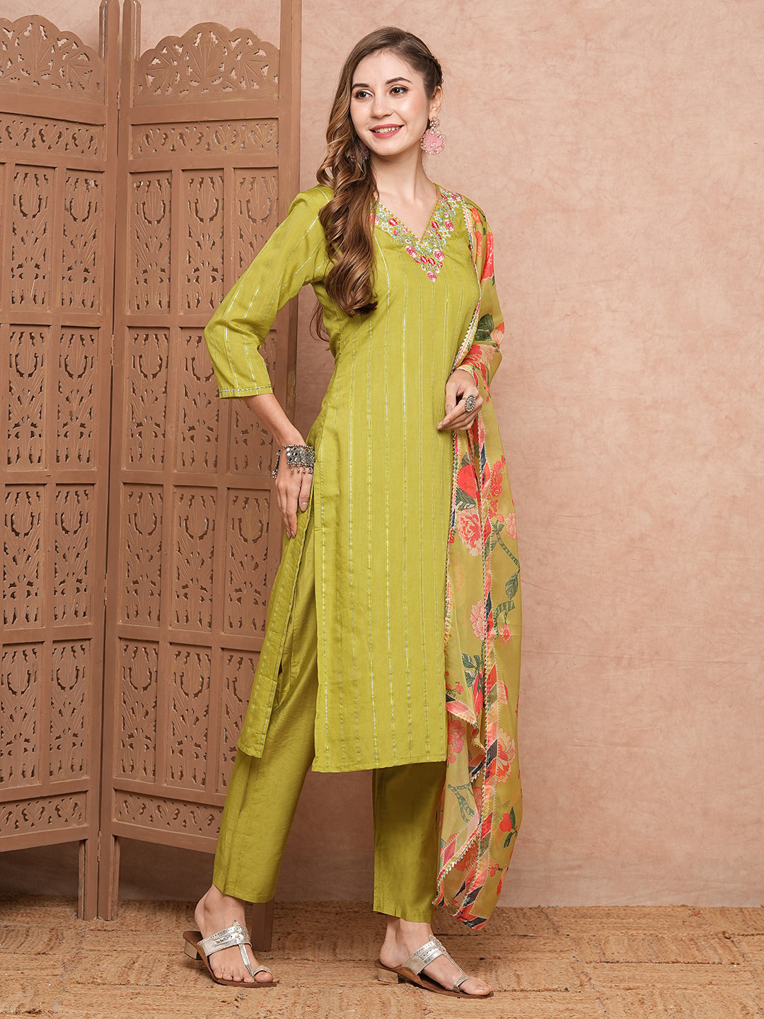 Woven Striped Resham Embroidered Kurta with Pants & Floral Dupatta - Lime Yellow