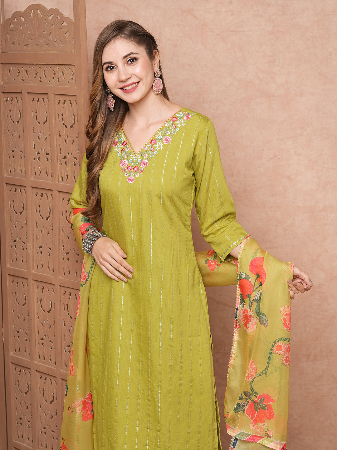 Woven Striped Resham Embroidered Kurta with Pants & Floral Dupatta - Lime Yellow