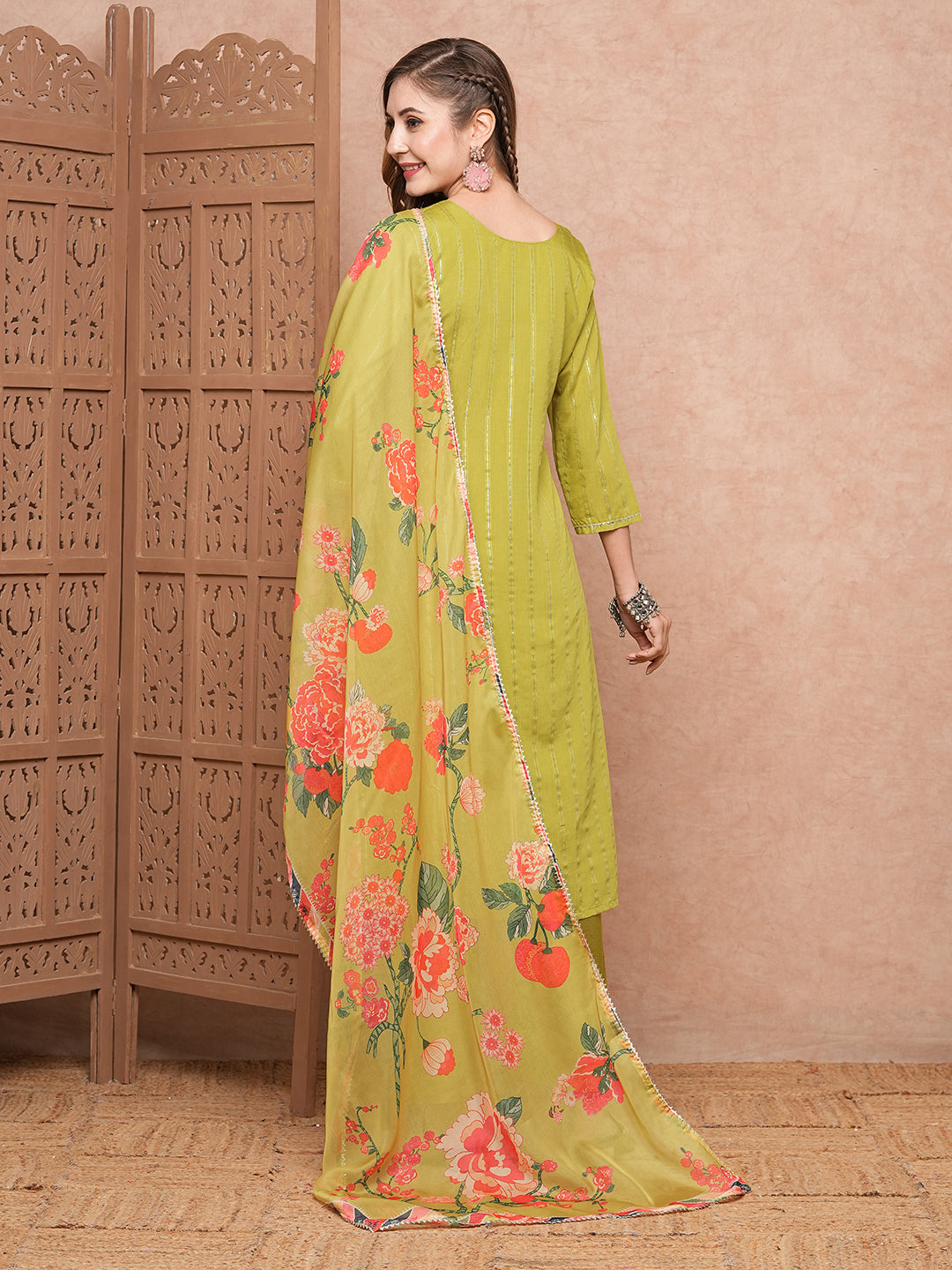 Woven Striped Resham Embroidered Kurta with Pants & Floral Dupatta - Lime Yellow