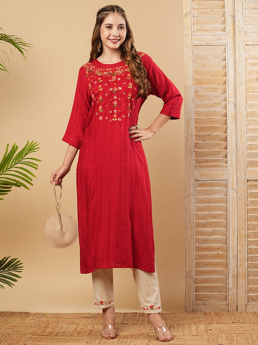 Woven Dobby Striped Resham & Sequins Embroidered Kurta with Pants - Red