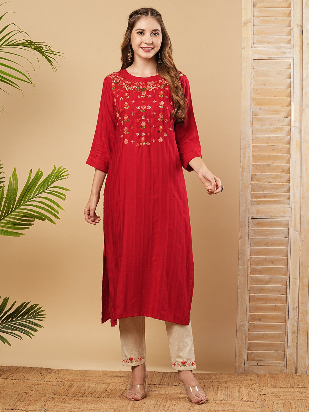 Woven Dobby Striped Resham & Sequins Embroidered Kurta with Pants - Red