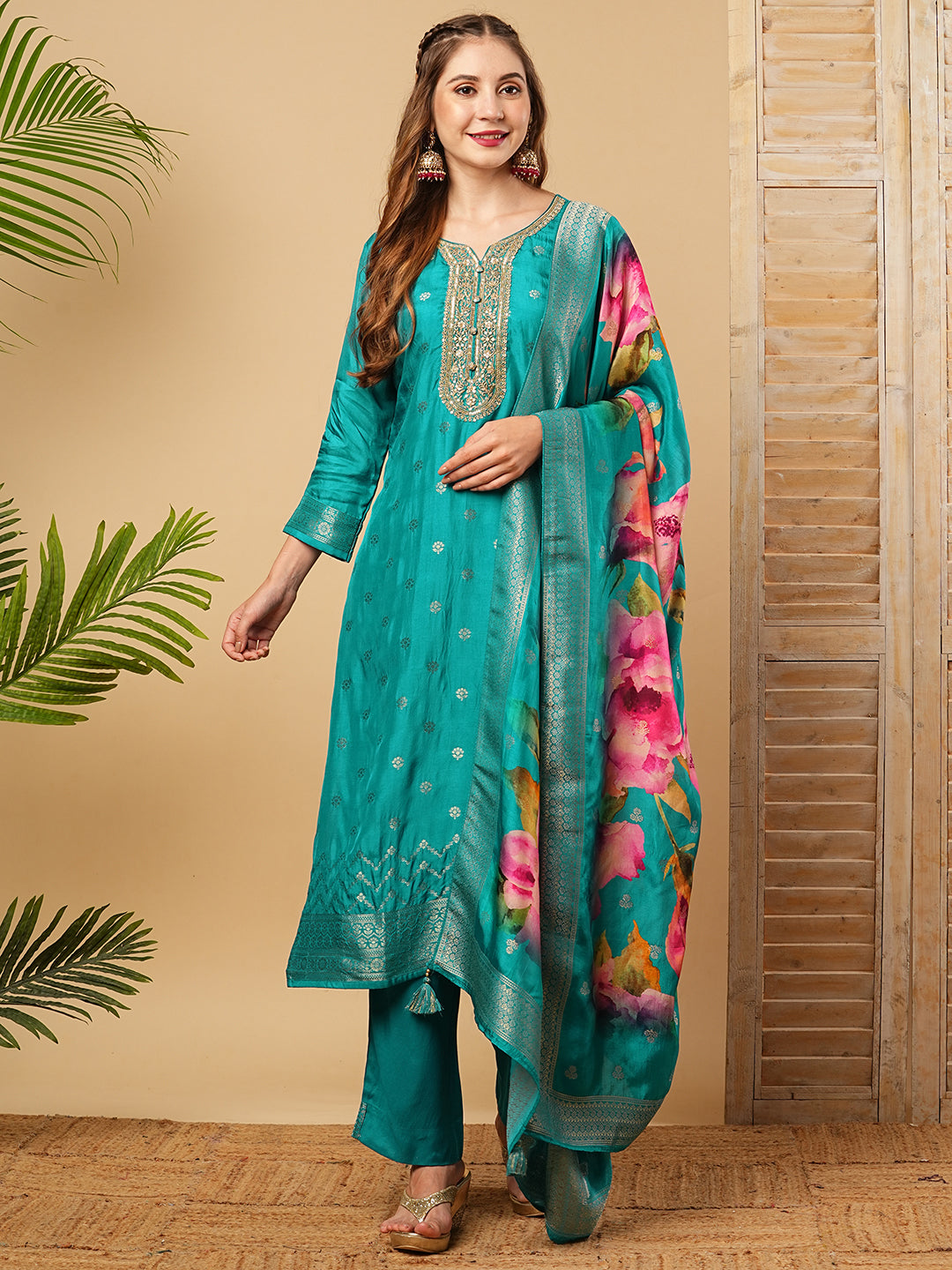 Ethnic Zari Embroidered Straight Kurta with Pant & Floral Printed Dupatta - Turquoise Blue