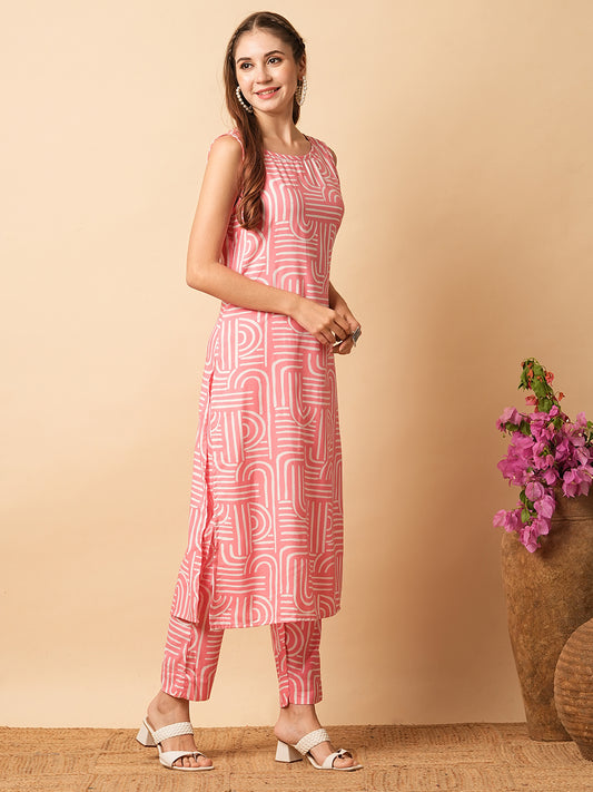 Abstract Geometric Printed Straight Fit Co-ord Set - Pink