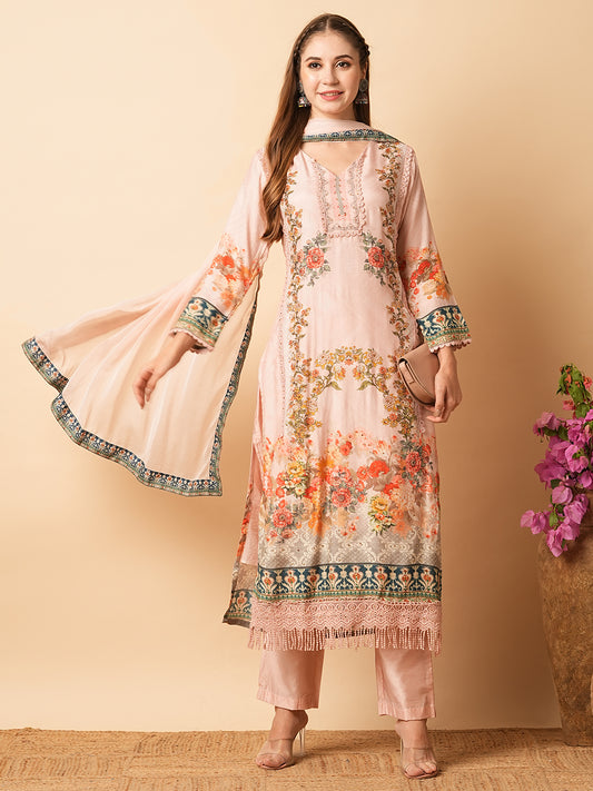 Floral Printed Stone & Crochet Lace Embellished Kurta with Pants & Dupatta - Pink