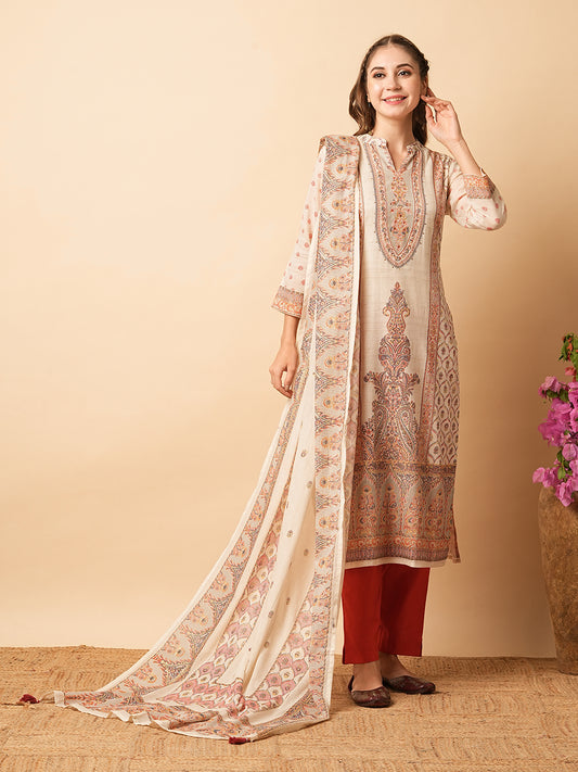 Ethnic Printed Mirror & Sequins Embroidered Cotton Mul Kurta with Pants & Dupatta - off White