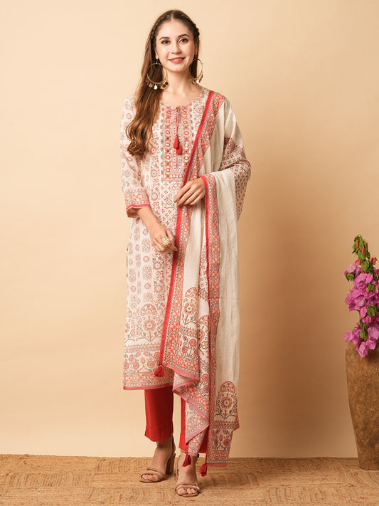 Ethnic Printed Mirror Embroidered Cotton Mul Kurta with Pants & Dupatta - off White