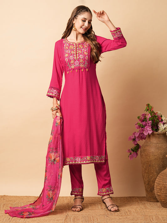 Solid Ethnic Woven & Embroidered Straight Kurta with Pant & Floral Dupatta - Pink
