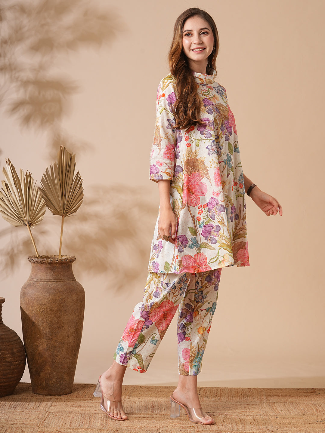 Floral Printed Lace Embellished A-line Kurti with Pants Co-ord Set - Multi