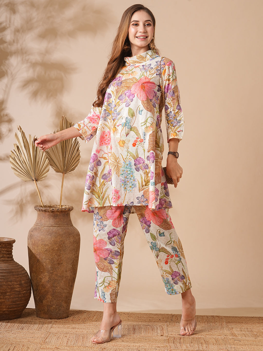 Floral Printed Lace Embellished A-line Kurti with Pants Co-ord Set - Multi