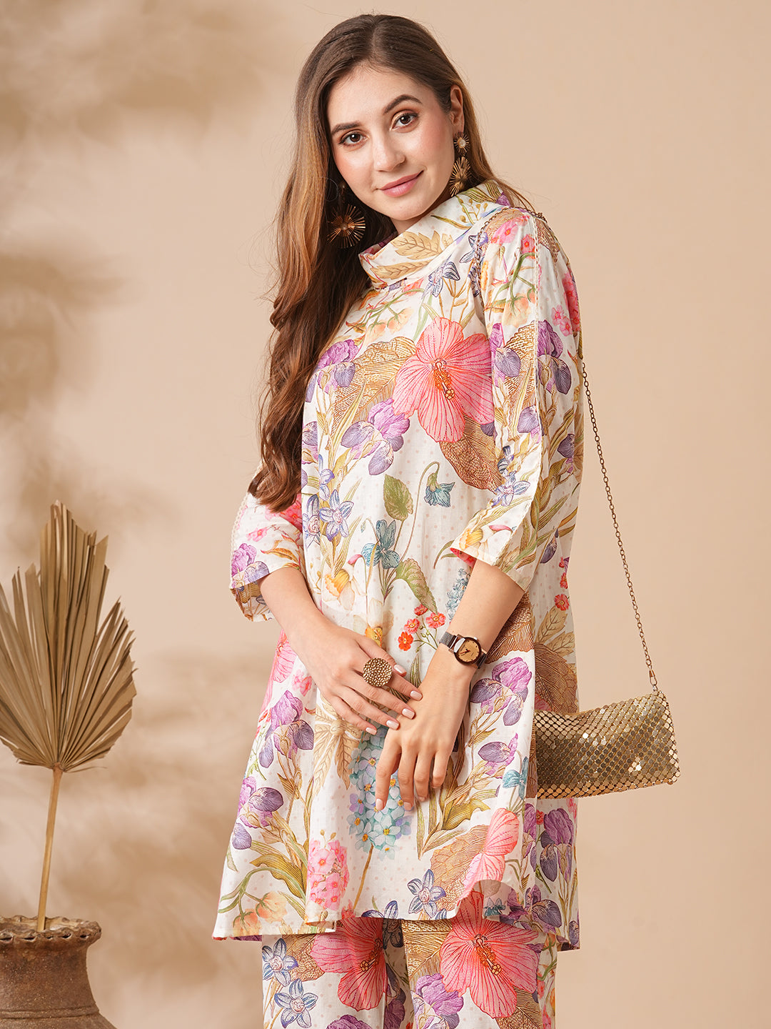 Floral Printed Lace Embellished A-line Kurti with Pants Co-ord Set - Multi