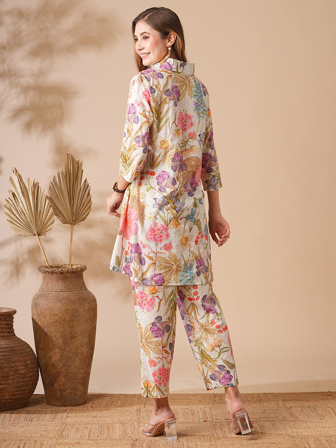 Floral Printed Lace Embellished A-line Kurti with Pants Co-ord Set - Multi