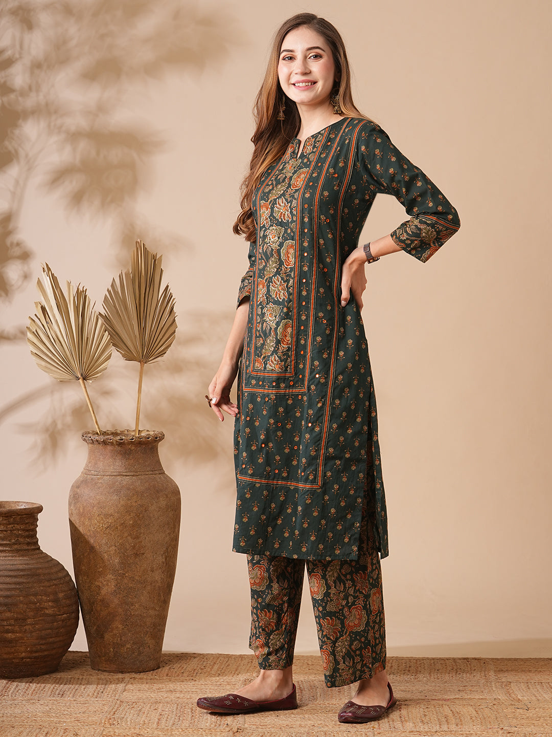 Floral Printed Mirror & zari Embroidered Kurta with Palazzo - Charcoal Green