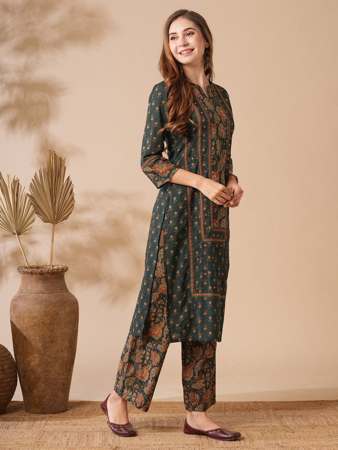 Floral Printed Mirror & zari Embroidered Kurta with Palazzo - Charcoal Green