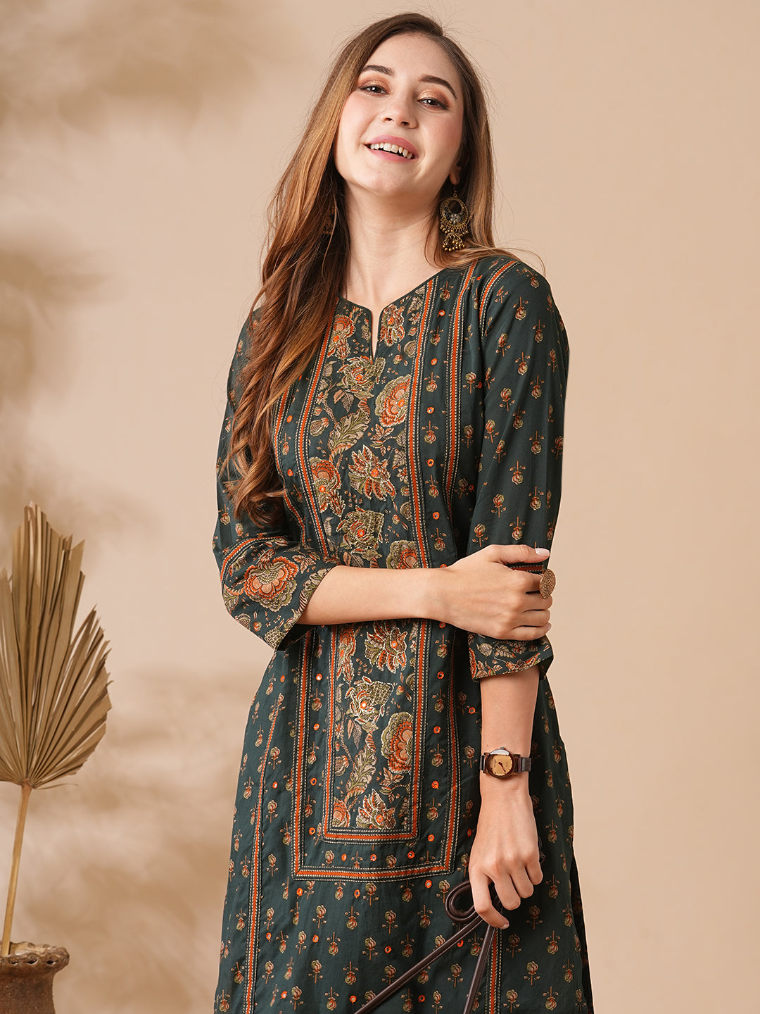 Floral Printed Mirror & zari Embroidered Kurta with Palazzo - Charcoal Green