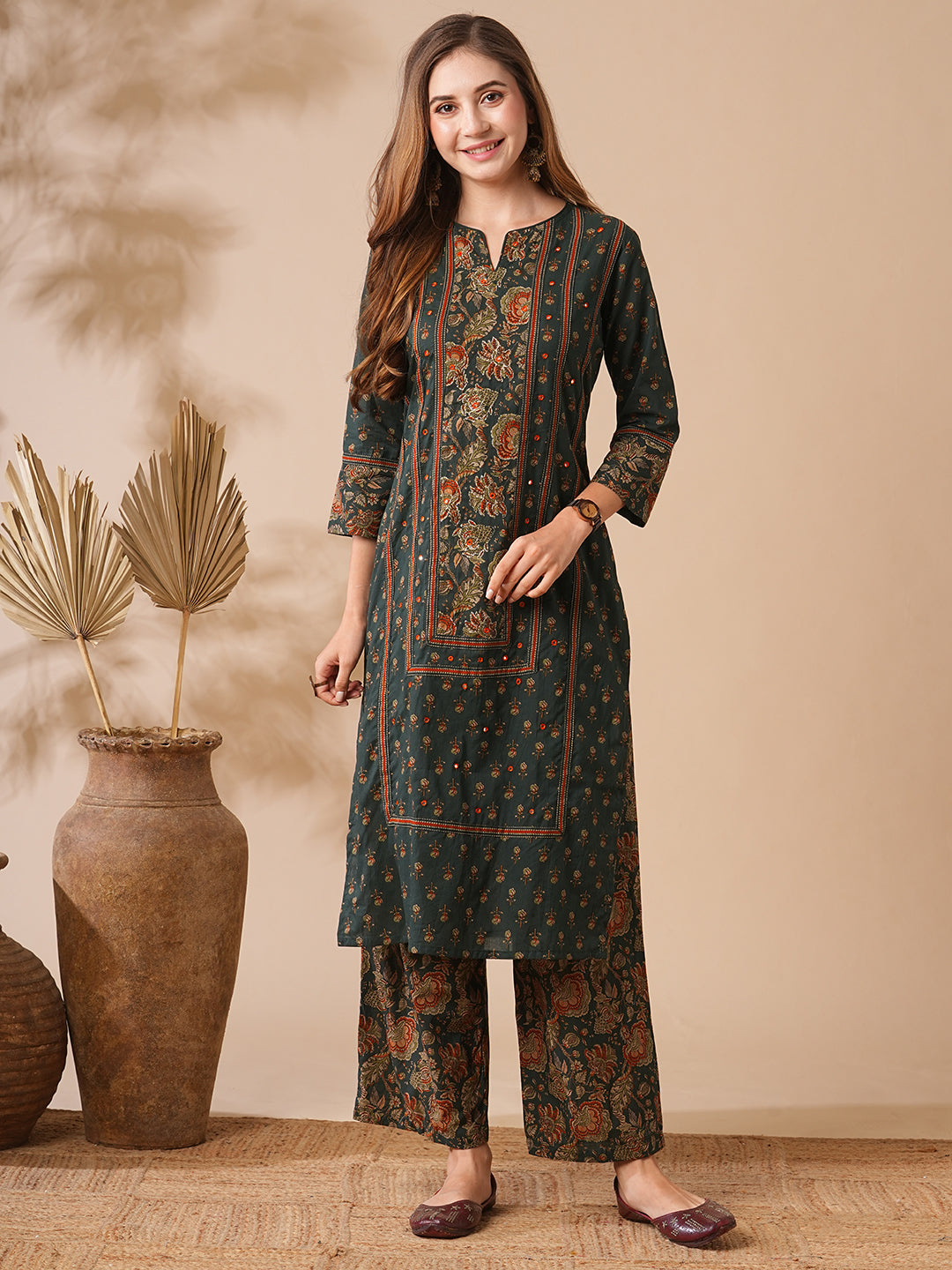 Floral Printed Mirror & zari Embroidered Kurta with Palazzo - Charcoal Green