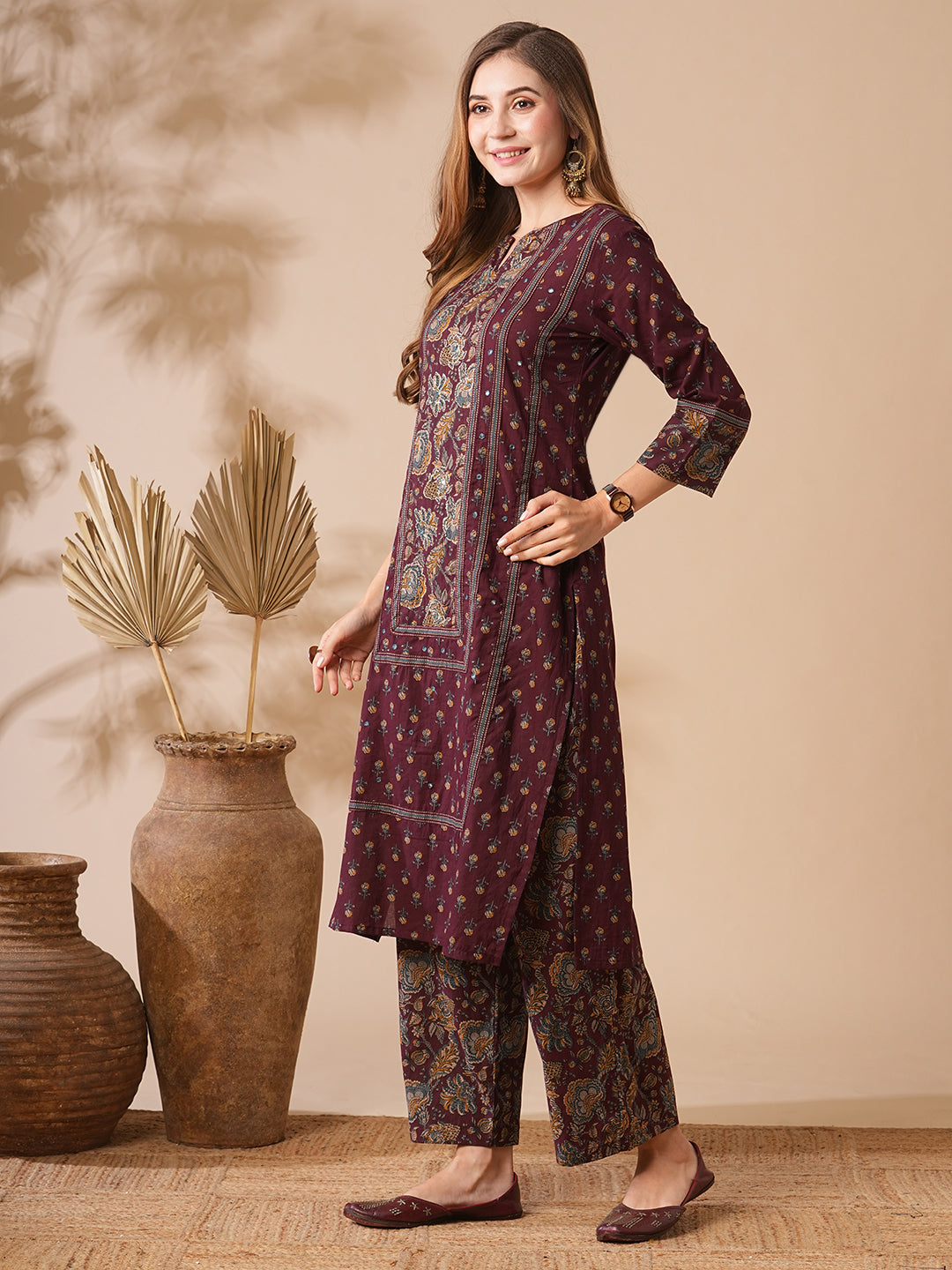 Floral Printed Mirror & zari Embroidered Kurta with Palazzo - Burgundy