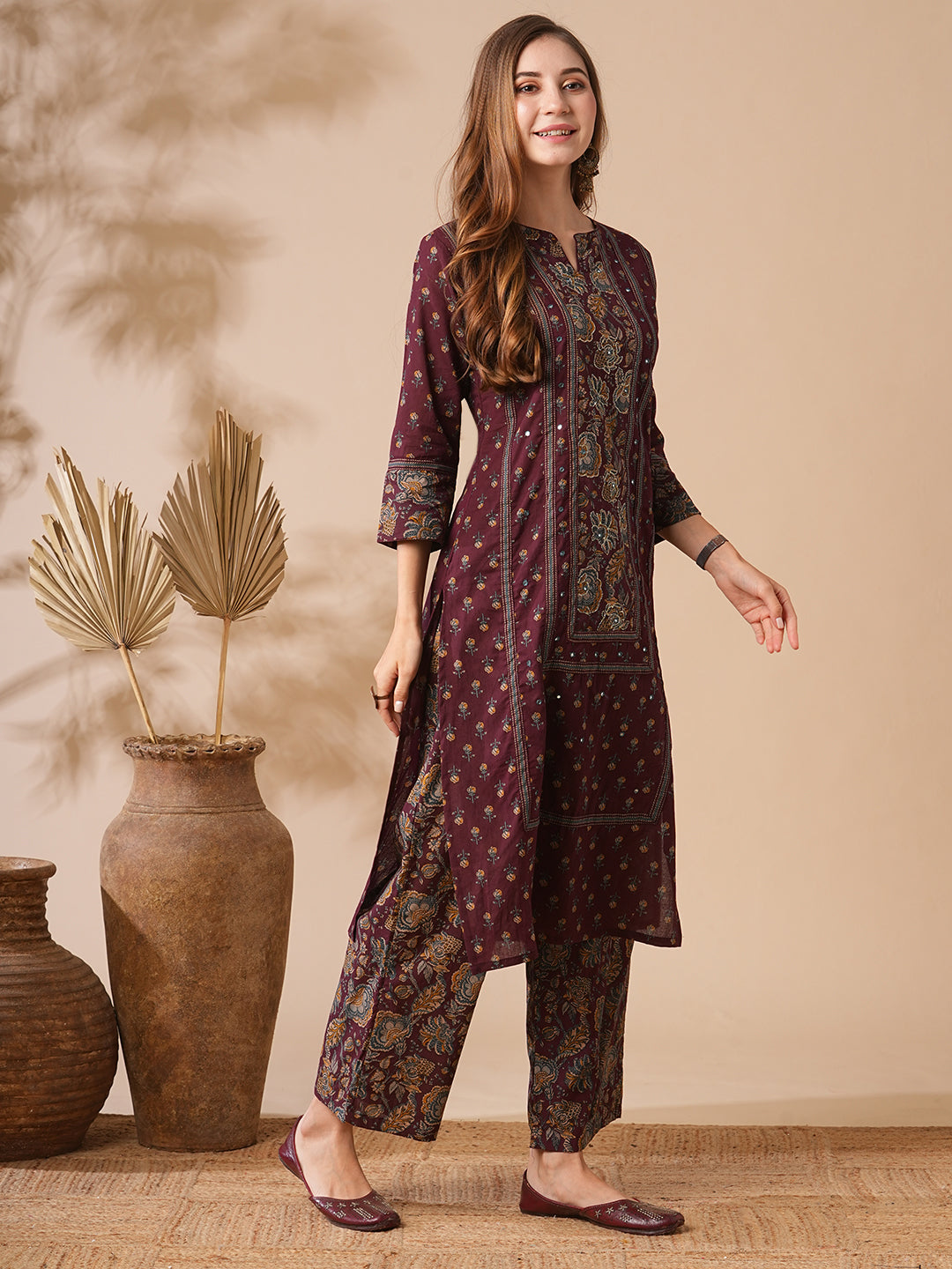 Floral Printed Mirror & zari Embroidered Kurta with Palazzo - Burgundy