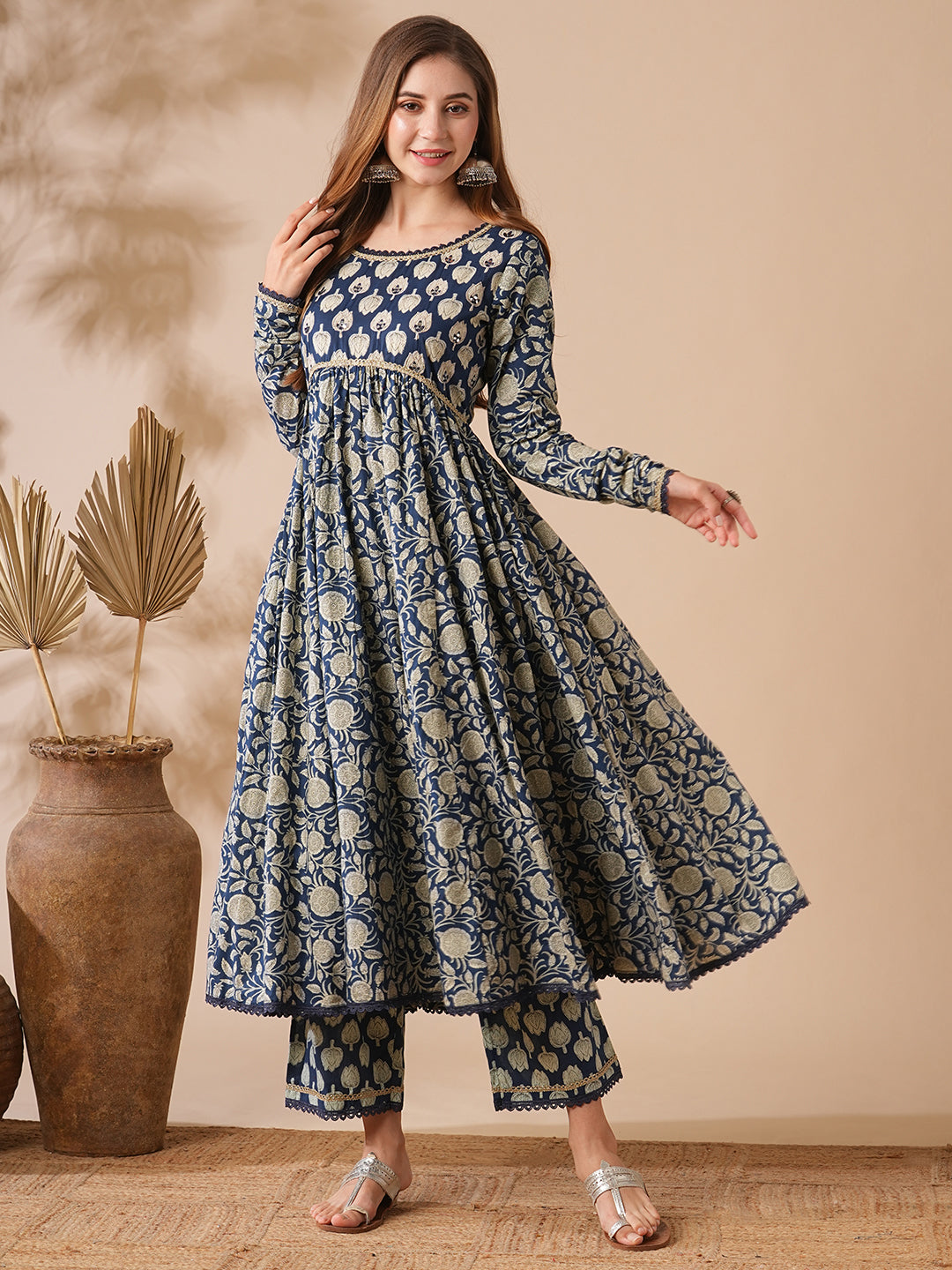 Floral Printed & Zari Embroidered Anarkali Flared Kurta with Palazzo - Blue