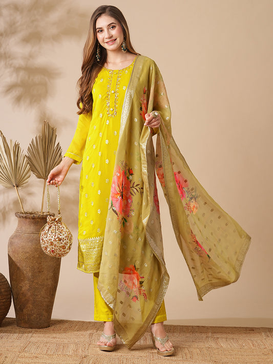 Floral Jacquard Design Embroidered Kurta with Pants & Floral Printed Dupatta - Yellow