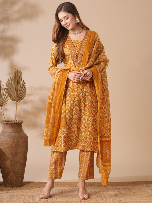 Floral Printed Cutdana Embroidered Kurta with Pants & Duppatta - Mustard & Brown