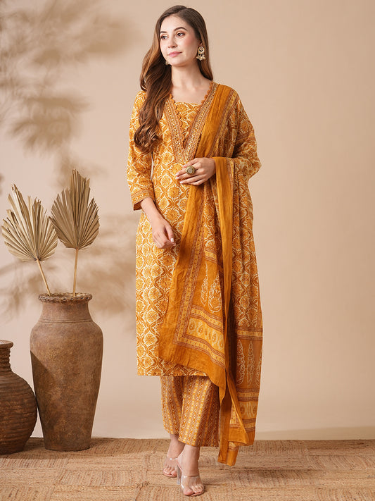 Floral Printed Cutdana Embroidered Kurta with Pants & Duppatta - Mustard & Brown