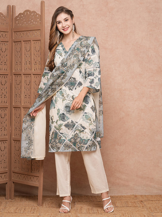 Floral Printed & Lace Patched Straight Kurta with Pant & Dupatta - Off White