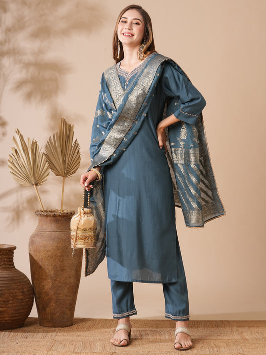 Solid Ethnic Embroidered Kurta with Pant & Woven Zari Jacquard Dupatta - Teal Blue