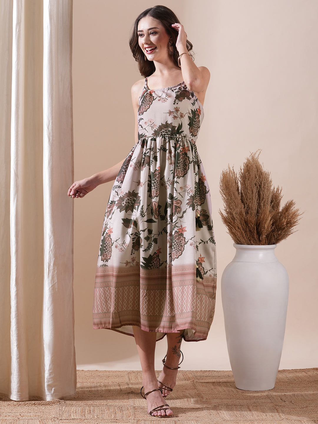 Floral Printed Shoulder Strap Midi Dress with Dori Waist Belt - Brown